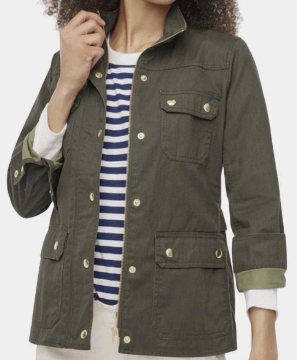 JCrew Moss Green Resin Coated Twill Field Jacket Utility Coat Womens Size Small